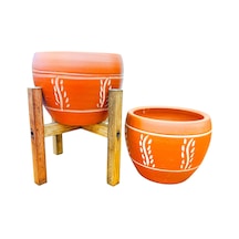BİTKİ TASARIMI EV DEKORASYON NAKIŞ DESENLİ TERRAKOTA TOPRAK SAKSI SAKSILIK SALON ÇİÇEKLİK İKİLİ SET AYAKSIZ - 4 AYAKLI- 15 CM