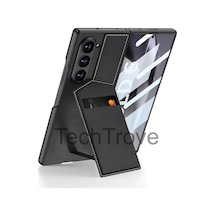 Samsung Uyumlu Galaxy Z Fold 6 Kılıf Karbon Fiber Arka Yüzey Deri Kartlıklı Standlı Kapak