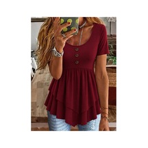 Butik İstanbul Kadın Kısa Kollu Yuvarlak Yakalı Düğmeli Önden Asimetrik Kesim Detaylı Viskon Bluz Bordo