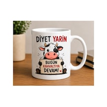Diyet Yarın Bugün Kahvaltıya Devam Yazılı Sevimli İnek Tasarımlı Porselen Kupa Bardak Beyaz Beyaz