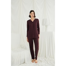 Red Womans Uzun Kollu Boydan Düğmeli V Yaka Pijama Takımı Mürdüm