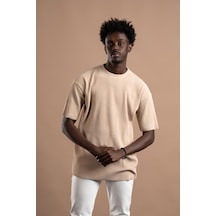 Oversize Bol Kesim Kalın Fitilli Bisiklet Yaka Kısa Kol T-shirt 001