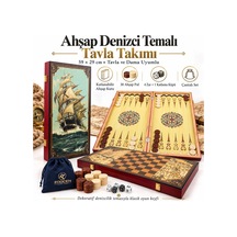Jumbo Boy Doğal Ahşap Tavla Ve Dama Seti 2'si 1 Arada Denizci Temalı Hediyelik & Dekoratif Set