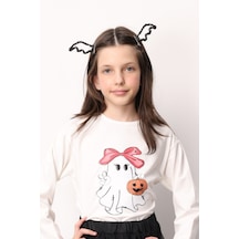 Le Mabelle Beyaz Sevimli Hayalet Baskılı Uzun Kollu Halloween Kız Çocuk Tişört Beyaz