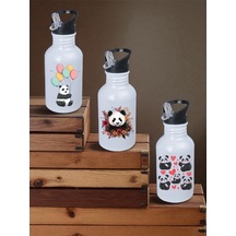 Pandalar Baskılı Matara Suluk 3'lü - Su Matarası, Spor Matarası 600 Ml Beyaz