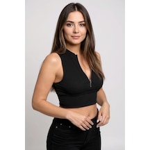 LUXSTOREE Kadın Siyah Yarım Fermuarlı Sıfır Kol Crop Top Bluz Şık, Rahat Ve Kolay Kombinlenebilir Çok Renkli