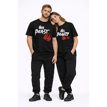 Sevgili Kombini Her Beast His Beauty Oversize Çift Tişört Unisex Siyah