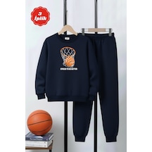 Fyk Kids 3 İplik Kalın Yuvarlak Yaka Basketbol Potası Baskı Detaylı Kışlık Erkek Çocuk Eşofman Takımı Lacivert
