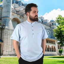 İkranur Hac Ve Umre İçin Gömlek Kısa Kollu Mavi Hakim Yaka Keten Görünümlü Terletmeyen % 100 Pamuk Yazlık Çok Renkli