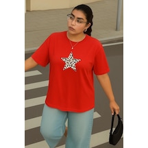 Büyük Beden Yıldız Leopar Baskılı Unisex Tişört Kırmızı
