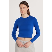Tudors Kadın Slim Fit Pamuklu Uzun Kol Düz Bisiklet Yaka Mavi Bluz-33488 Mavi