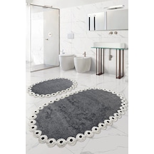 Gülruba Ovakl Antrasit Çeyizlik Dantelli 2'li Banyo Paspası Seti Kaymaz Tabanlı Klozet Takımı