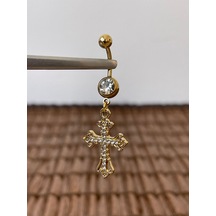 Cerrahi Çelik Piercing Ful Zirkon Taşlı Haç Piercing Ful Zirkon Taşlı Haç Göbek Piercingi Kırmızı