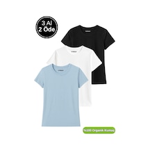 Kadın 3'lü Paket Siyah-beyaz-mavi %100 Organik Pamuk Normal Kesim Tişört Bisiklet Yaka T-shirt Çok Renkli