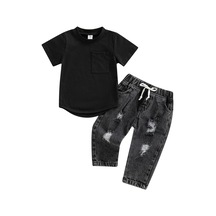 Yuvarlak Yaka Kısa Kollu Tişört Yırtık Kot Pantolon Bebek Erkek Alt Üst Takım Siyah