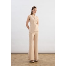 Sateen Yanları İnci Aksesuarlı Pantolon - Bej-136824 Bej