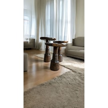 Wood Ahşap 3 Lü Set Fitilli Mantar Yan Sehpa Boğumlu Model / Ceviz Renk / Zigon Sehpa Vernikli Ceviz