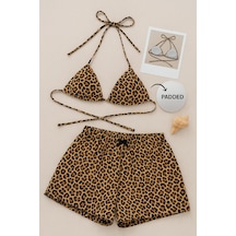 Kadın Leopar Desenli Şortlu Belden Ve Boyundan Bağlamalı Bikini Takımı