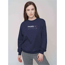 Music On World Off Baskılı Indigo Mavi Kadın Sweatshirt (528293842)