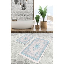 2'li Set Gri - Mavi Zeminde Retro Motifli Kilim Avangarde Etnik Motifler 2'li Banyo Paspas Takımı