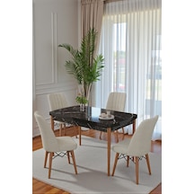 80x170cm Mutfak Masası Takımı 4 Kişilik Açılır Masa Sandalye Takımı - Siyah Mermer Masa - Krem