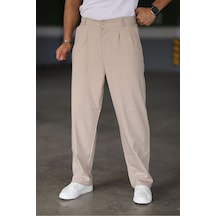 Bürke Baggy Çift Pileli Krem Renk Beli Lastikli Kaliteli Rahat Kesim Klasik Bol Paça Baggy Pantolon