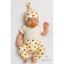 Babyden's Arı Desenli Bebek Takımı Pamuklu Kısa Kol Body Pantolon Ve Şapka Seti Yenidoğan Kız Erkek Bebek Alt Üst Takım Ekru