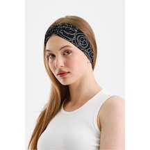 Kadın Çapraz Bağlamalı Pamuklu Penye, Kaymaz, Yumuşak, Esnek, Saç Bandı Bandana - Tek Ebat / Siyah Figürlü Siyah Figürlü