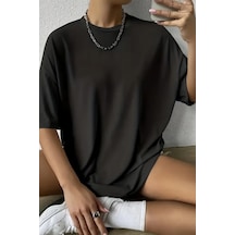 Cool Tarz Kadın %100 Organik Pamuk Oversize Yuvarlak Yakalı Siyah T-shirt Siyah Siyah