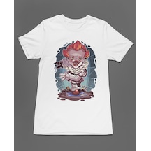 Bumeta It Pennywise Chibi Çizgi Film Dizi Unisex Tişört T-shirt Beyaz