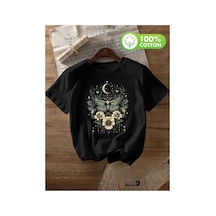 Herkesemoda Kelebek Çiçek Baskı Detaylı Basic T-shirt Siyah