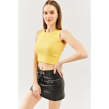 Butikgiz Kadın Sıfır Kol Bisiklet Yaka Vücuda Oturan %100 Pamuklu Kaşkorse Esnek Crop Bluz Sari