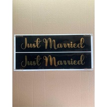 Gelin Arabası Plakalık Just Married Yazılı Siyah Üzeri Gold Yazı Kendinden Yapışkanlı