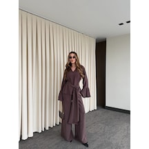 Laluvia Kahverengi Kolları Volanlı Bluz Pantolon Takım - 0812 Haki