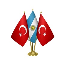 Masa Üstü Arjantin Bayrağı Türk Bayrağı Üçlü Pirinç Direk Masa Ba