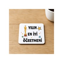 Yılın En İyi Öğretmeni Baskılı 9x9 Cm Kare Mdf Bardak Altlığı - Öğretmene Hediye Ahşap Çok Renkli
