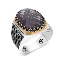 925 Ayar Gümüş Ay Yıldız Detaylı Ametist Taşlı Erkek Yüzük - 556400377