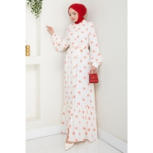 Anif Çiçek Desen Kemerli Elbise 1554 - Kırmızı Kırmızı