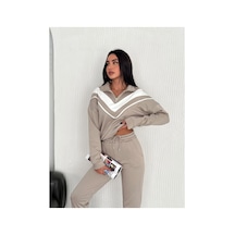 Gugus Kadın Içi Polarlı Kışlık Modal Kumaş Dik Yaka Fermuarlı Garnili V Takım Oys Model Bej