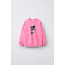 Fasardi Astro Bot Baskılı Oversize 3 İplik Şardonsuz Uzun Kollu Unisex Çocuk Sweatshirt Pembe