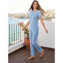 Aura Collections Kadın Bambu Viskon Transfer Ribana Kısa Kollu Düğmeli Pijama Takımı Mavi