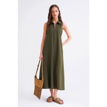 4692 Kadın Gömlek Yakalı Fermuarlı Midi Boy Oxford Elbise Haki Haki 4692 Kadın Gömlek Yakalı Fermuarlı Midi Boy Oxford Elbise Haki Haki