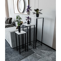 Dekoratif Saksılık 3'lü Takım - Metal Ayaklı Saksı Standı Yan Sehpa Beyaz