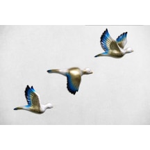 Cajuart Dekoratif Altın Mavi Renk Üçlü Kumru Kuş Duvar Dekoru Süs