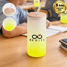 Logonuza Özel 5 Adet Pipetli Cam Matara 600 Ml Ahşap Kapaklı Kurumsal Suluk Sarı