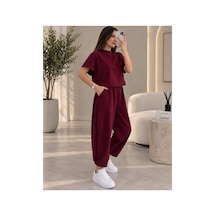 Öners Modal Dokulu Kısa Kol Şalvar Takım Bordo Bordo