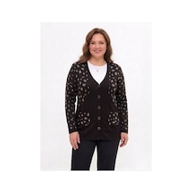 Onno Style Women Simli Leopar Desen Klasik Düğmeli Ceket Kahverengi - Siyah