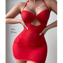 Intivefantasy Kırmızı Tülden Kalp Aksesuarlı Zincir Kolyeli Boyundan Geçmeli Göğüs Dekolteli Gecelik Kırmızı