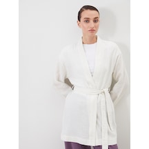 Lcw Modest Ekru Şal Yaka Çizgili Müslin Kadın Kimono