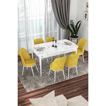Canisa Concept Kor Serisi 70x114 Açılabilir Mutfak Masası Takımı Beyaz Mermer Desen Masa 6 Hardal Sandalye Masa Beyaz Mermer Desen Sandalyeler Hardal